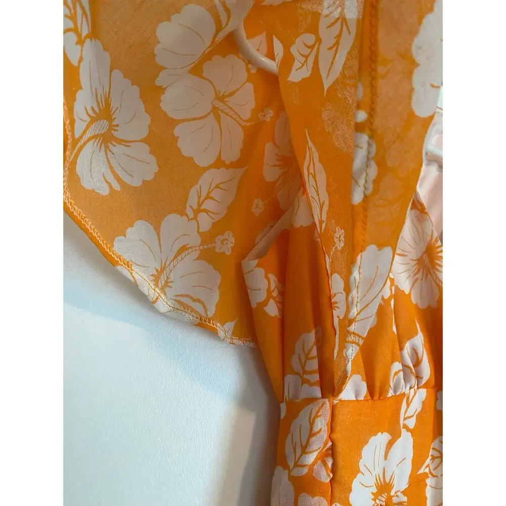 Vtg Andrade Honolulu Hawaiian maxi dress flutter sleeve hibiscus print S 60s 70s
